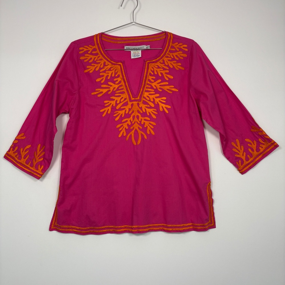 Gretchen Scott Womens Tunic XL Pink Orange Coral Embroidered Cotton Top Resort